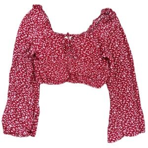 Red Floral Smocked Square-Neck Crop Top with Long Puff Sleeves